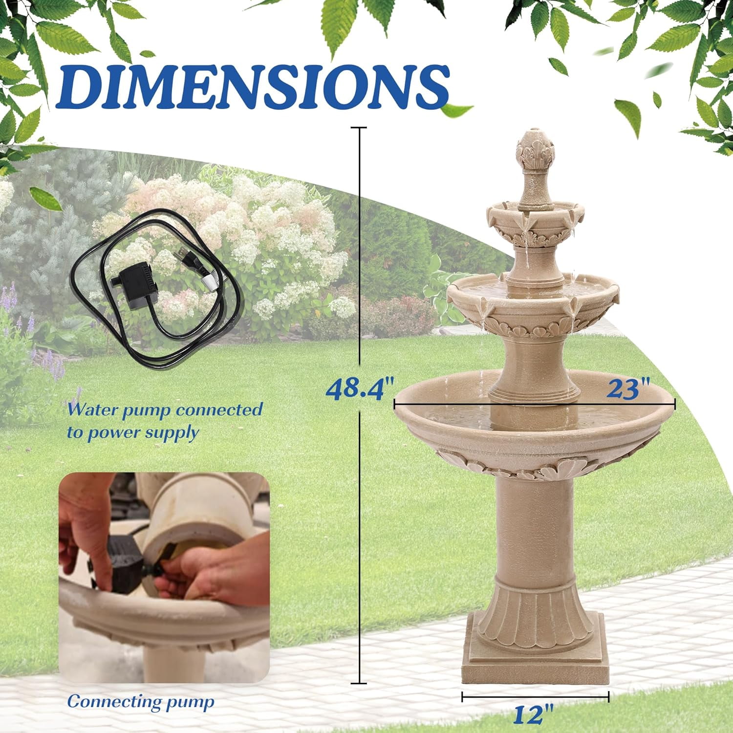 MAGIC UNION Outdoor Garden Water Fountains, 48.4" H Italian Style Fountains and Waterfalls Outside, 3-Tier Large Bubbler Cascading Indoor Floor Water Fountain Features with Pump for Home Yard Decor