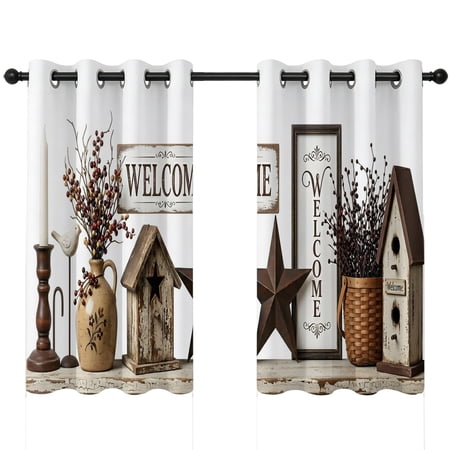 Welcome Sign Blackout Curtains 54 Inches Long Farmhouse Birdhouse Floral Wood Planks Thermal Insulated Room Darkening Drapes with Grommets for Living Room 42 W x 54 L 2 Panels