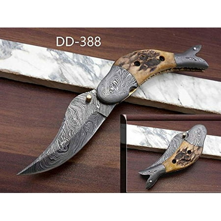 Stag Anteler & Damascus bolster scale Damascus steel hand forged custom 8 folding pocket fish knife 4 blade cow hide leather sheath