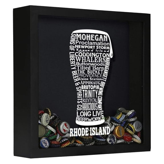 Torched Rhode Island Beer Cap Shadow Box Wall Mount Decor 13"x13"x3.5 Black