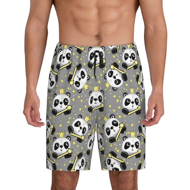 Balery Panda With Crown And Stars Pantalones cortos de pijama de punto de algodón para hombre con cinturilla y bolsillos-Large
