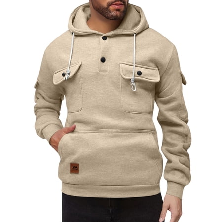 Kctiaxy Beige Mens Hoodies PulLover Casual Solid Color Hoodie Men Fleece Long Sleeve Hooded Sweatshirts with Pockets XXL