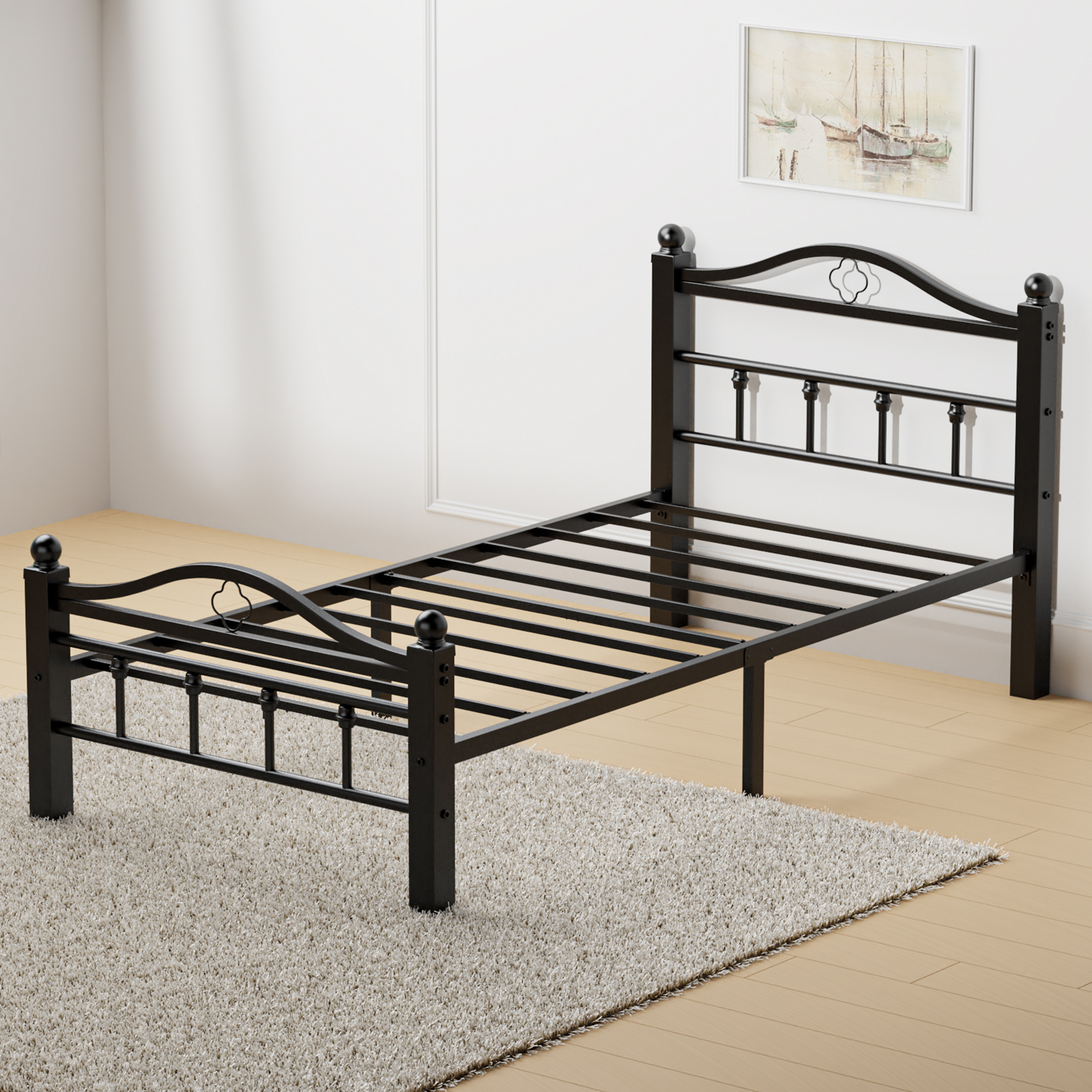 Twin Bed Frames With Headboard -Heavy Duty Twin Size Bed Frame, 1500LBS Capacity & Noise Free Design, 12 Inch Under-Bed Storage, No Box Spring Needed, Easy Assembly, Black