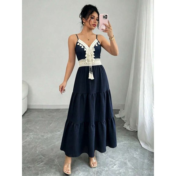 Womens Blue Spaghetti Strap Maxi Dress With Lace And Tassel Detail
