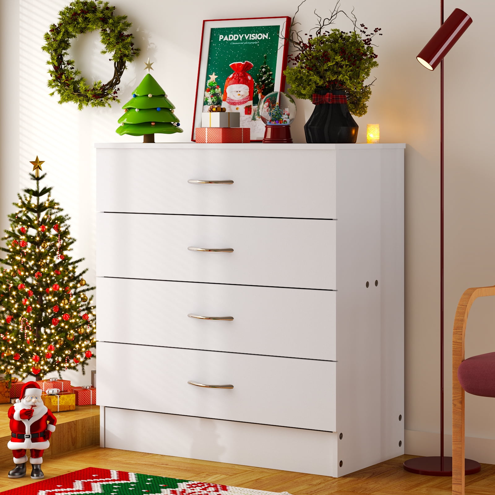 UBesGoo 4-Drawer Dresser Pure White with Metal Handles Bedside Night Stand Bedroom, White