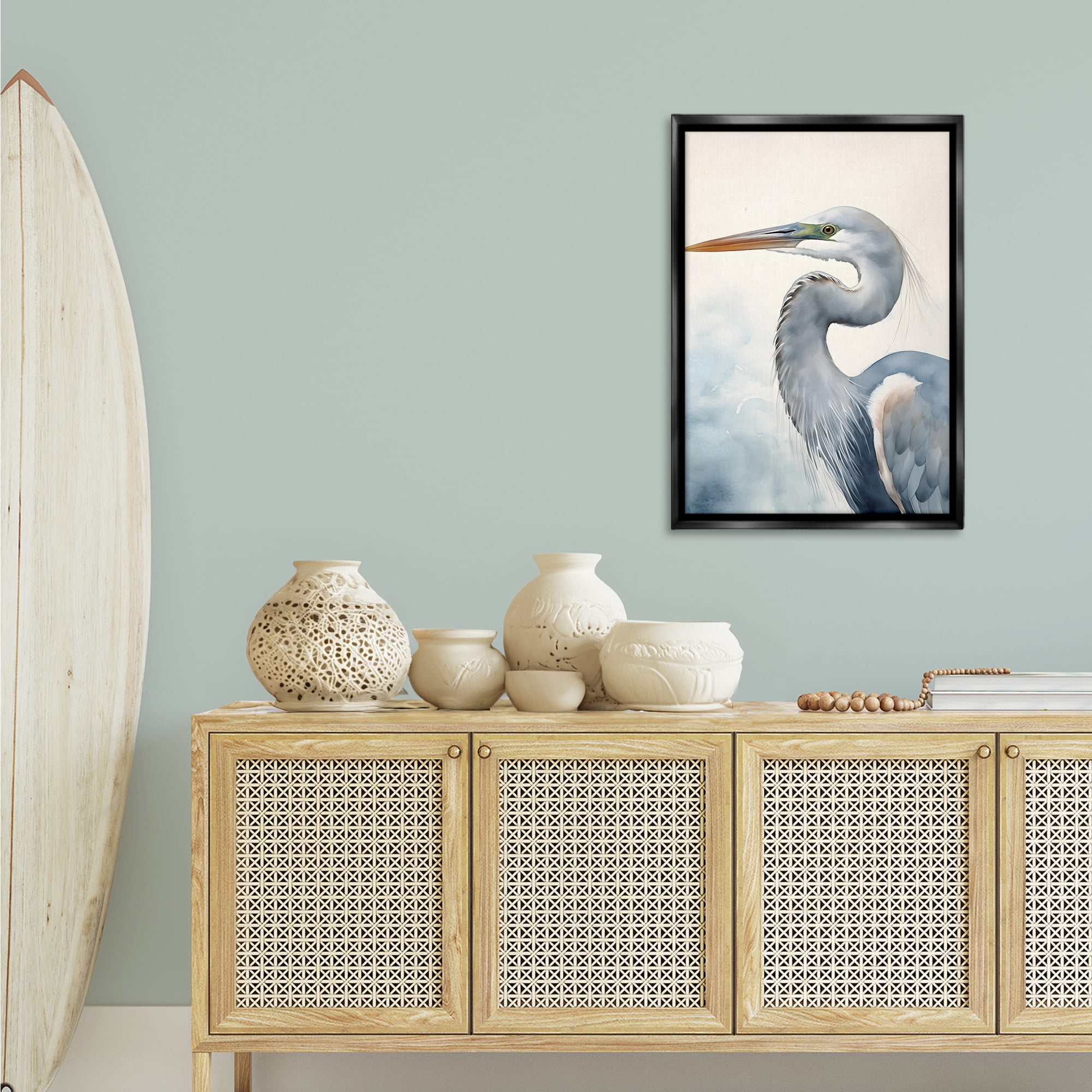 Stupell Industries Quiet Heron Looking Left Animals & Insects Painting Black Floater Framed Canvas Art Print Wall Art, 21 x 31