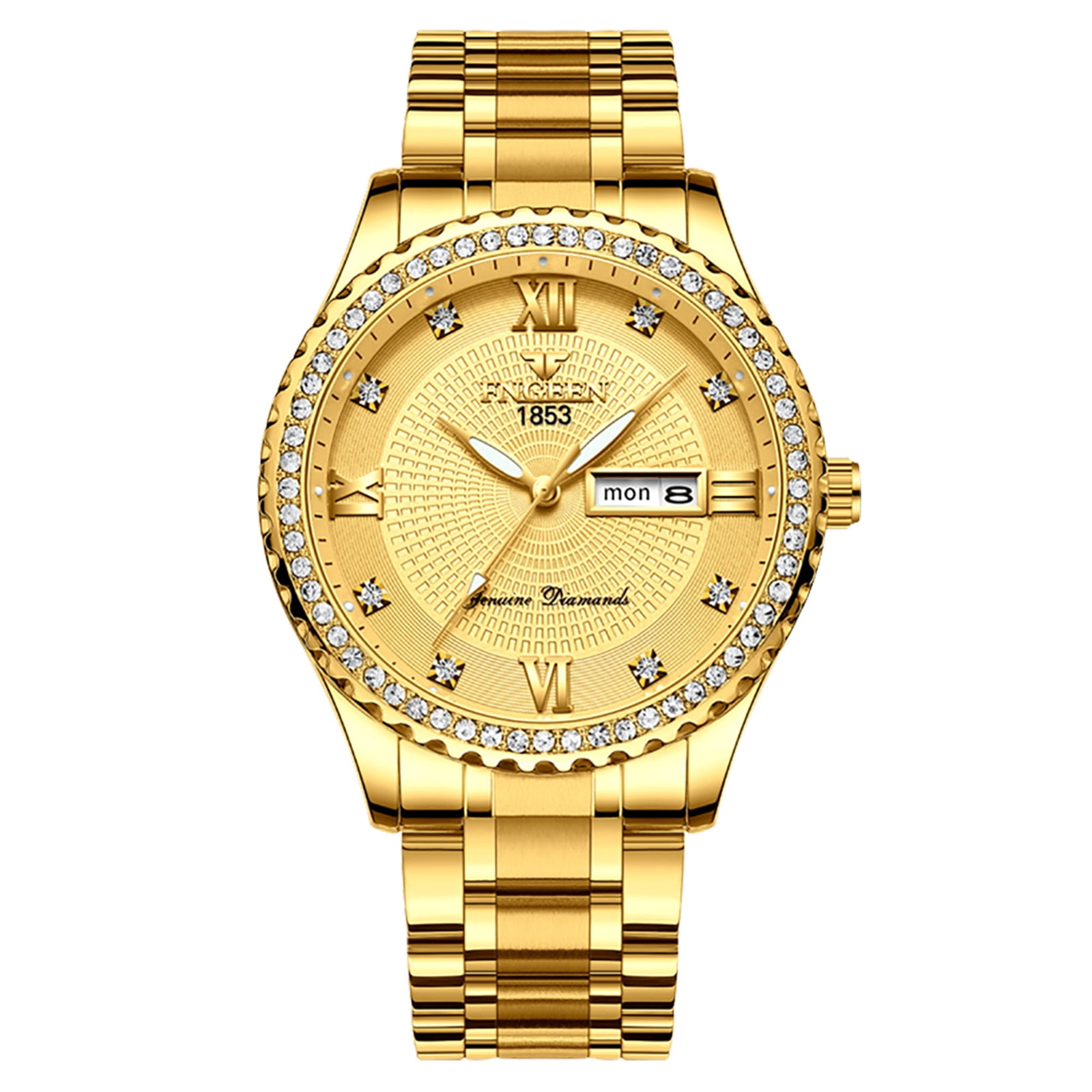 EEEkit Classic Diamond Gold Watches for Men, Stainless Steel Waterproof Dress Watch, Men's Quartz Analog Wristwatch