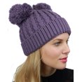 thumbnail image 3 of C.C 2 Ear Pom Pom Cable Knit Soft Stretch Cuff Skully Beanie Hat, Violet, 3 of 3