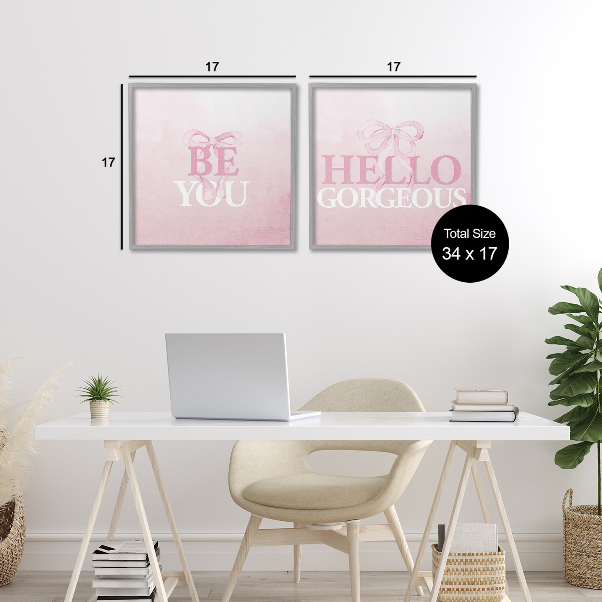 Pink Feminine Empowerments 2 Piece Gray Framed Giclee Art Set, design by Kim Allen
