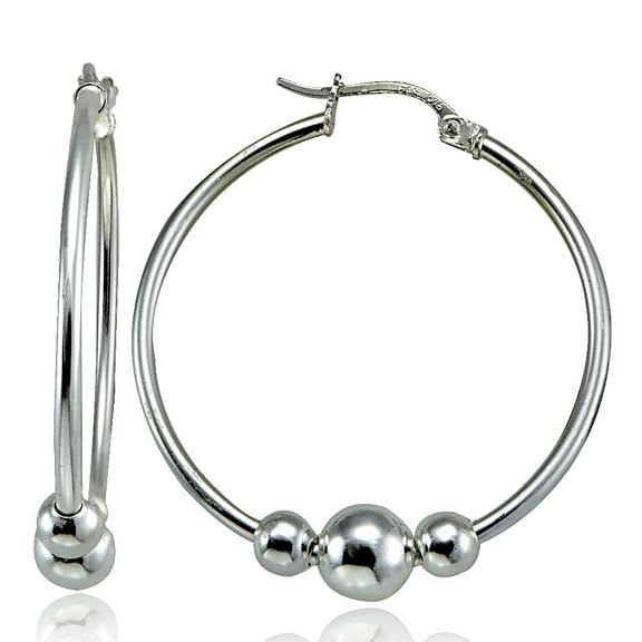Sterling Silver Beaded Round Hoop Earrings, 28mm