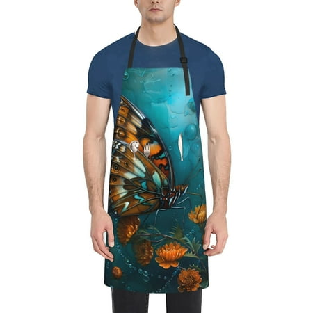 

Ocsxa Elegant Butterfly And Flowers Apron With Pockets Kitchen Bib Waterproof Resistant Women Men Unisex Adjustable