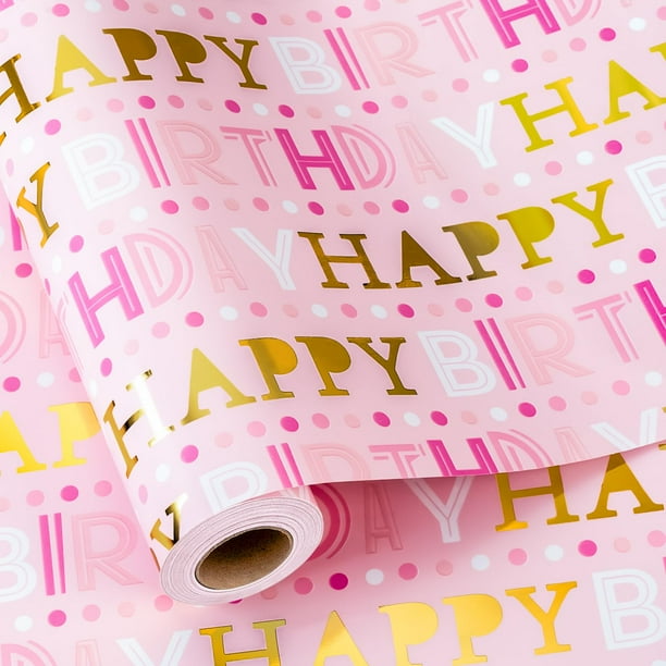 Papel de regalo Yarcony Girl Birthday, rosa y dorado, 5 m x 43 cm