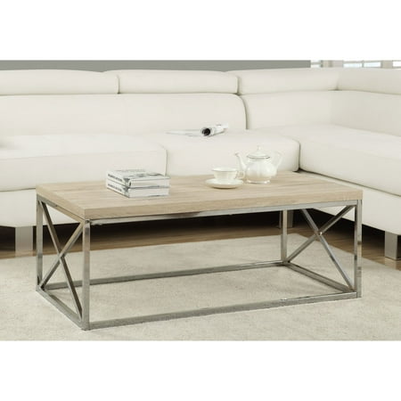 Monarch Natural Wood-Look Finish Chrome Metal Contemporary Design Coffee Table