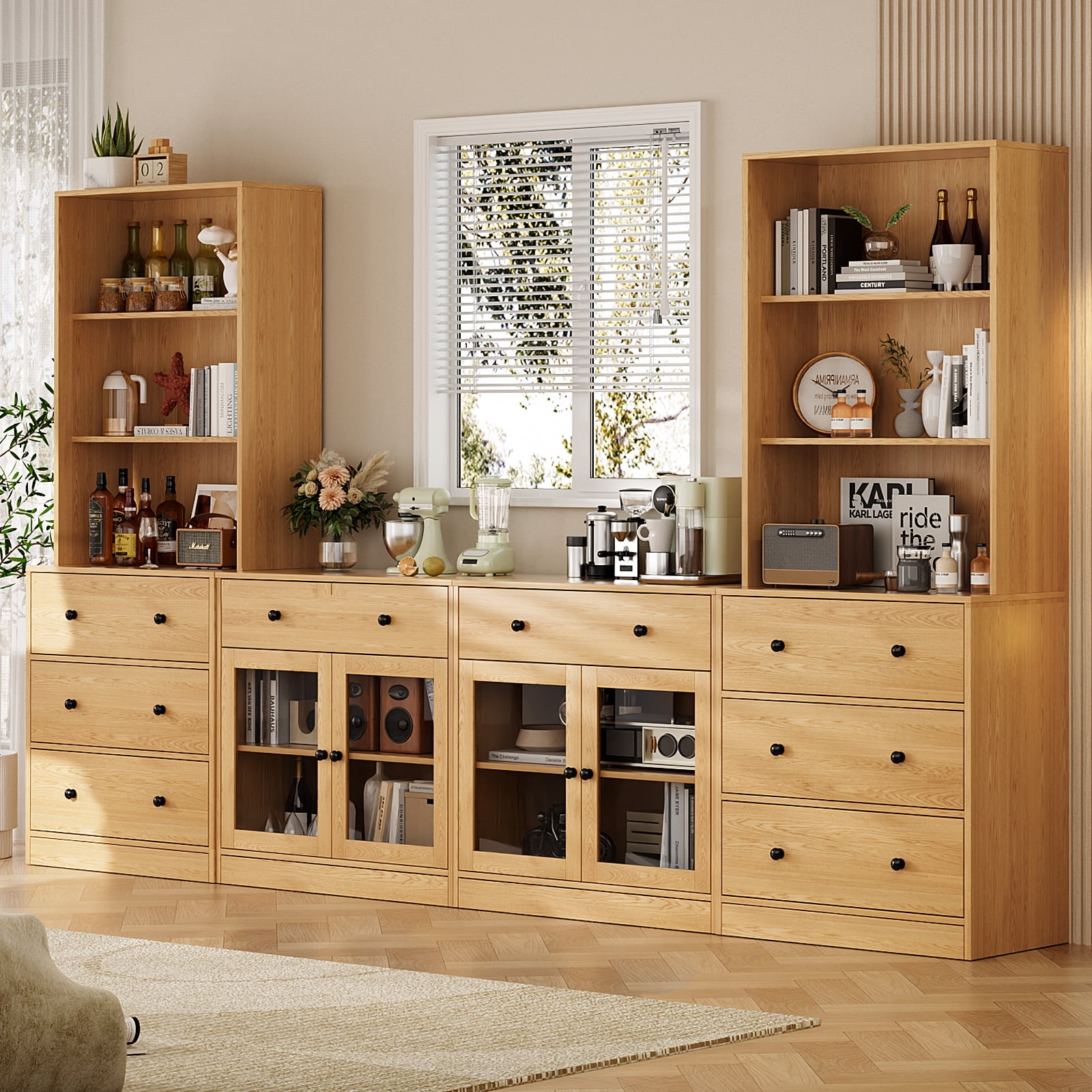 RichYa 4Pcs Kitchen Pantry Storage Cabinet,Modular Furniture Cabinets with Drawers,Hutch Buffet Cabinet with Display Glass Doors for Dining Room,Wood