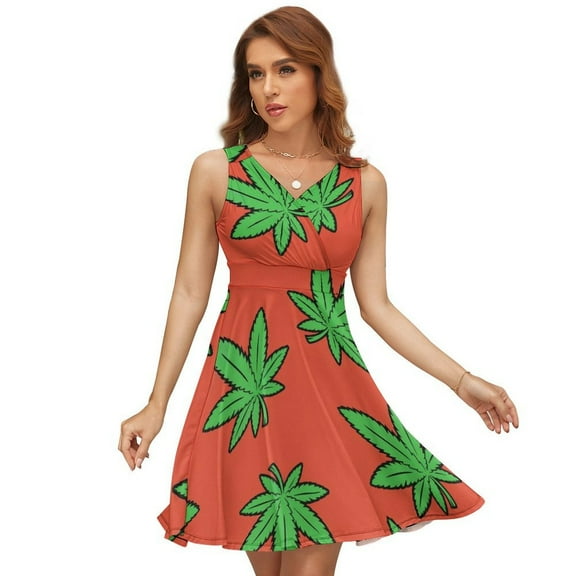 Hemp Leaves Women's Tank Dress V Neck Sleeveless Summer Sundress