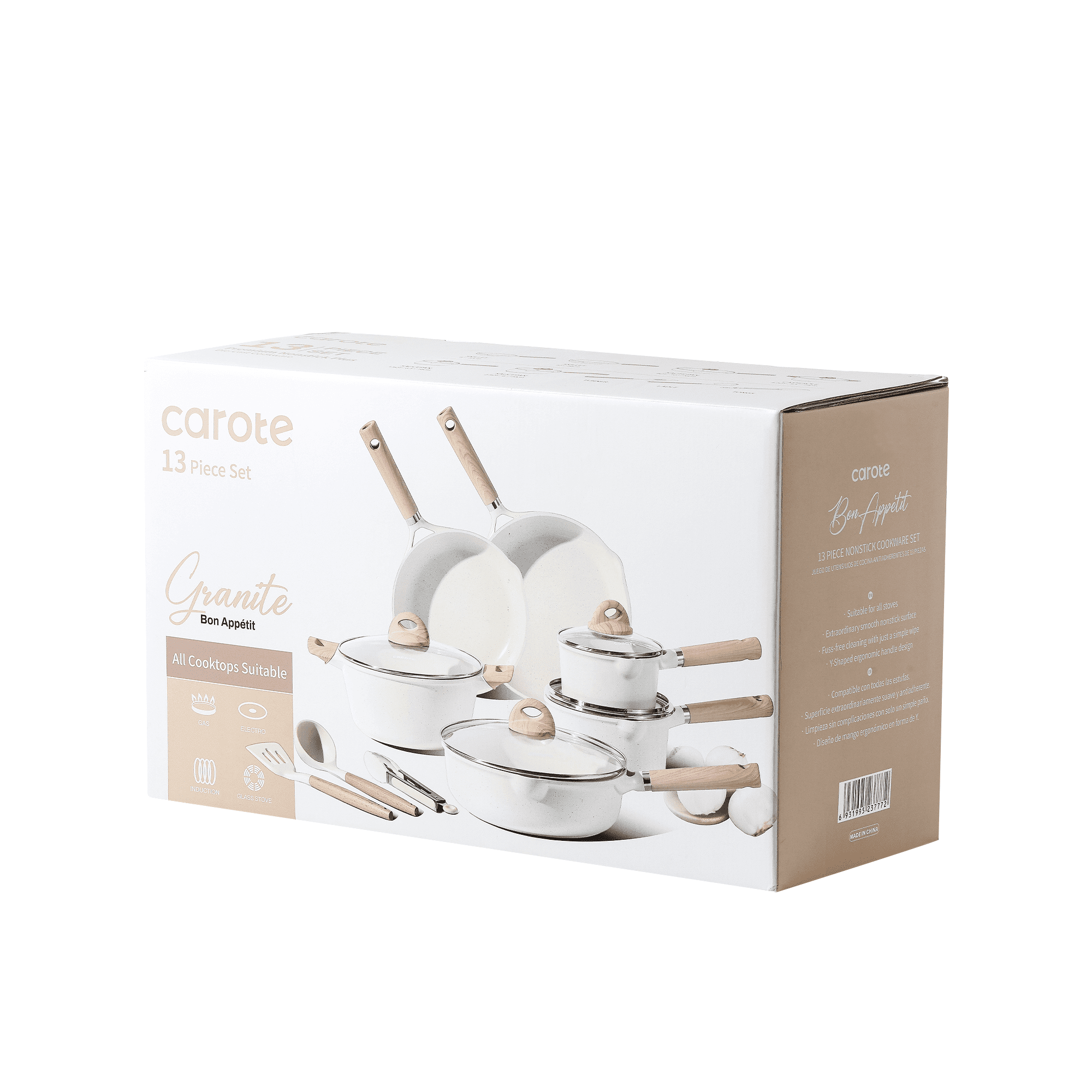 Carote Nonstick Pots and Pans Set, 13 Pieces Kitchen Cookware Sets Compatible for All Stoves, White Granite