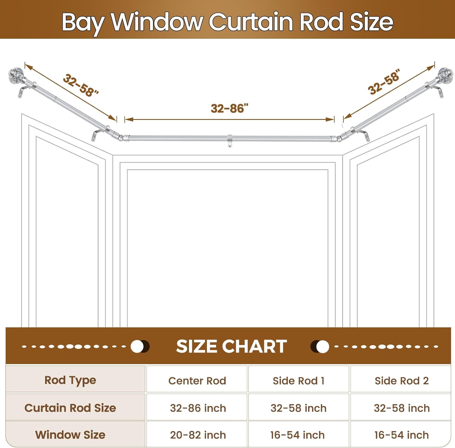 Bay Window Curtain Rod,Silver Curtain Rods for Bay windows 32 to 86 Inch (Center Rod), 32 to 58 Inch Side Rod for windows, Decorative Drapery Rods with Bling Finials