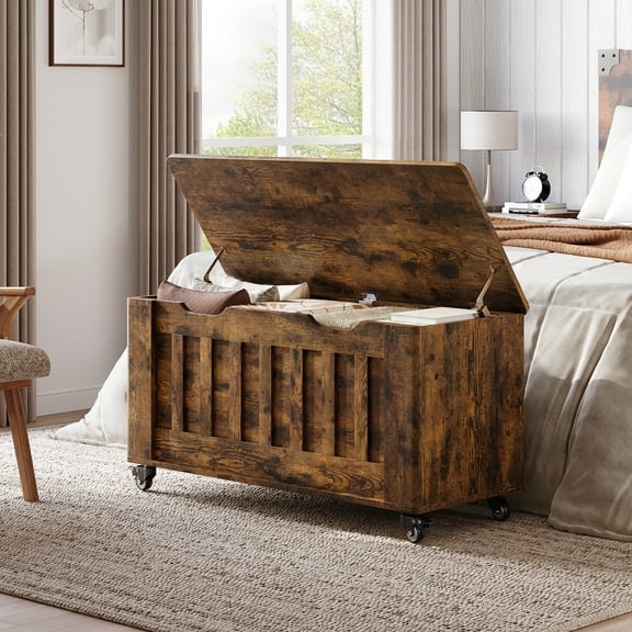 Juiluna Storage Chest, Storage Trunk With 4 Wheels, 39.4'' Wooden Storage Bench With 2 Safety Hinges, Blanket Chest, Entryway Bench With Storage, Supports 350 Lbs, for Living Room,Rustic Brown