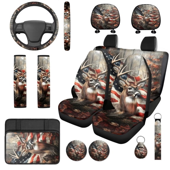 Binienty Hunting Deer Camo Automotive Seat Covers with Car Steering Wheel Cover American Flag Elastic Armrest Cushion Pad Seat Belt Cushion Pad Keychain Automotive Interior Accessories Set