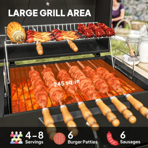 Aezusy Charcoal Grill- 245 sq.Family-Size 4-8 Person BBQ with Temperature Control and Portable Wheels for Outdoor Cooking, Patio, Black