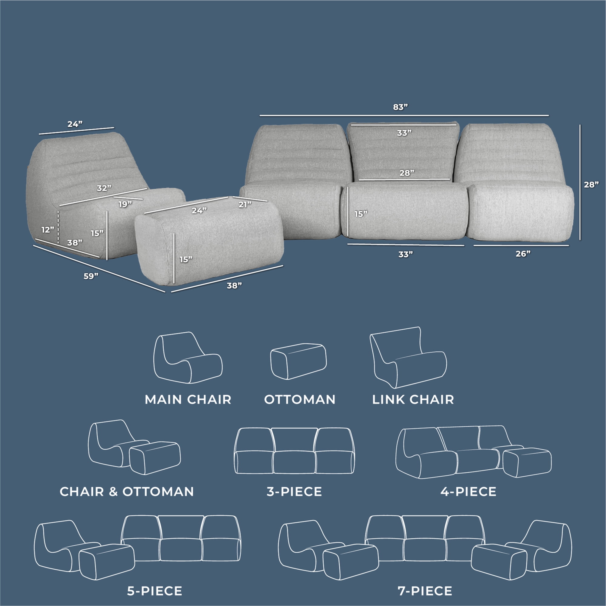 Big Joe Solvana Outdoor Sectional, 5 Piece Patio Furniture Set, Performance Linen Weather-Resistant Fabric Sofa, Port Gray