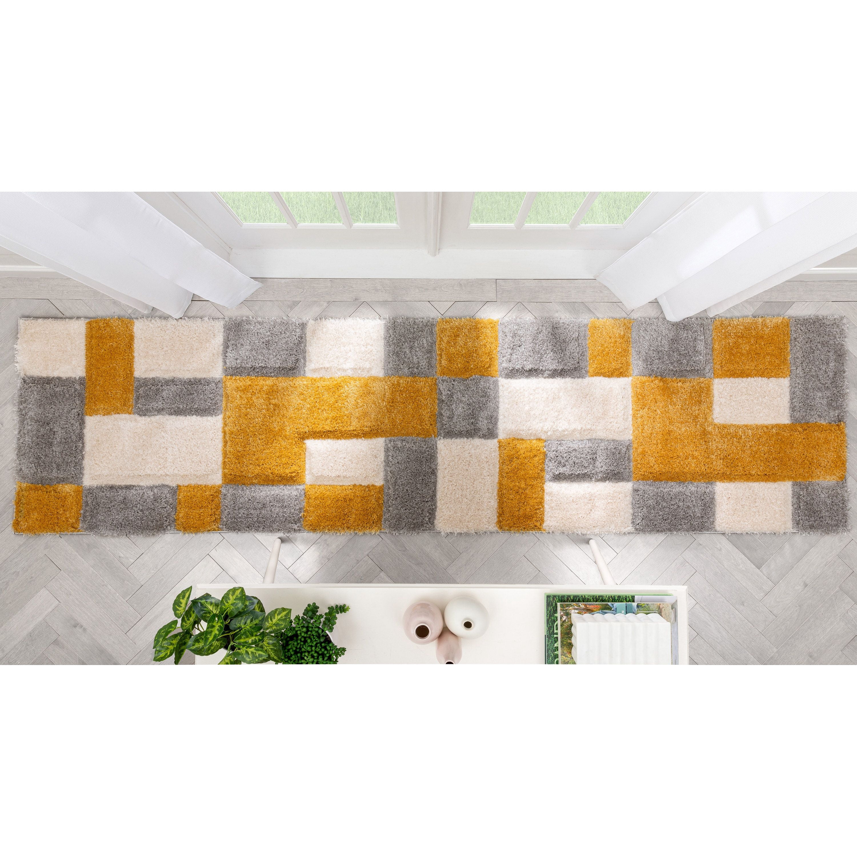 Well Woven San Francisco Escondido Yellow Modern Geometric Squares 2'7" x 9'10" Runner Area Rug