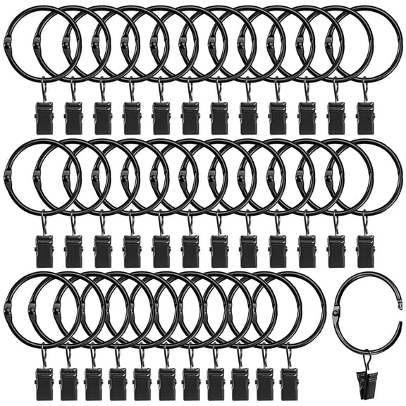 Januofit Openable Curtain Rings with Clips, Open Drapery Rings with Hooks, Curtain Clips 1.26 inch Interior Diameter, Fit up to 1" Curtain Rod (Black, 1.26" I D Set of 36)