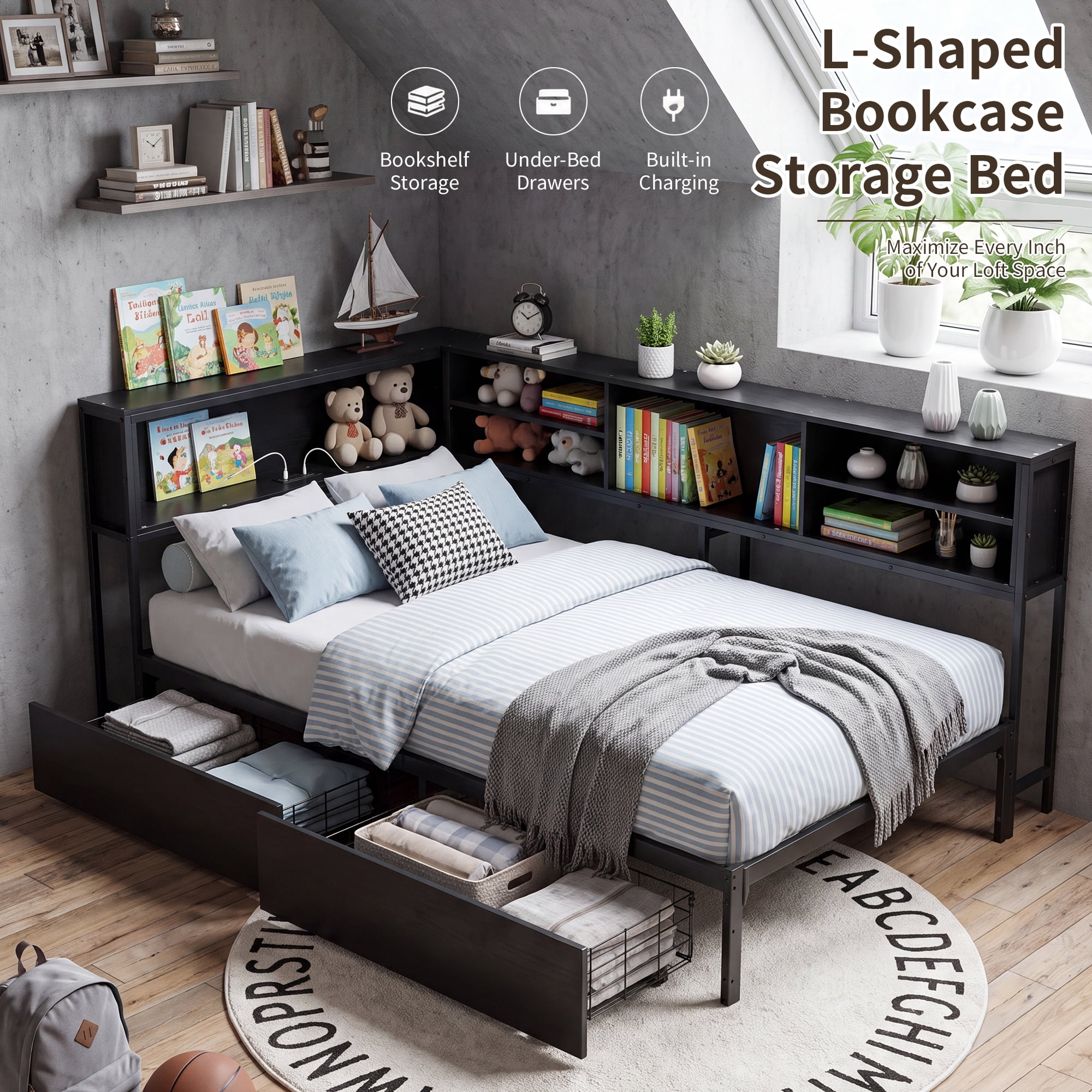 Leumius Corner Bed Frame with Storage Bookcase, Full Daybed with LED Lights & 2 Drawers, Metal Platform Bed with Headboard and Charging Station for Bedroom Guest Room Black