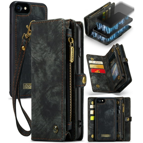 For iPhone 7/8/SE 2020/SE 2022 Wallet Case,Multi-Functional Retro Leather Purse Flip Cover Zipper Wallet Case with Removable Card Slots Pocket & Detachable Wrist Strap Magnetic Phone Case, Black