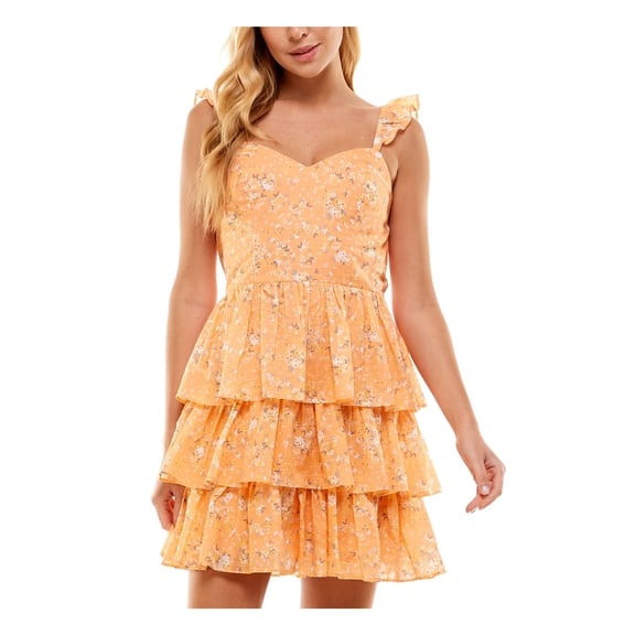 CITY STUDIO Womens Orange Ruffled Tiered Skirt Lined Floral Sleeveless Sweetheart Neckline Short Fit Flare Dress Juniors L