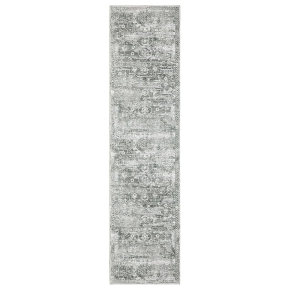 Oriental Weavers Malibu Washable Area Rug - MAL08 - 2' x 8' - in Sage Green/ Grey - Vintage Inspired, Non-Slip, Stain Resitant, Ultra Low Pile, Entryway, Hallway Runner Rug
