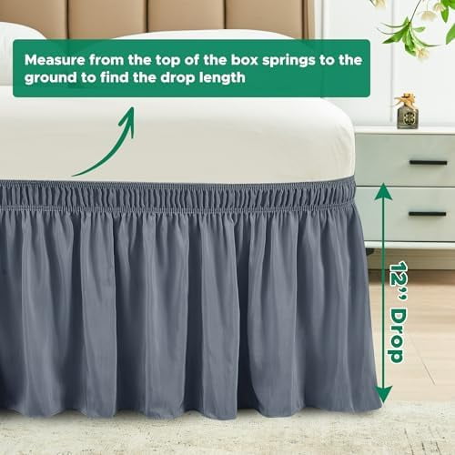 Wrap Around Bed Skirts for Twin & Twin XL Beds Short Drop of 12", Dark Grey Adjustable Elastic Dust Ruffles Easy Fit Wrinkle Resistant Silky Luxurious Fabric Machine Washable