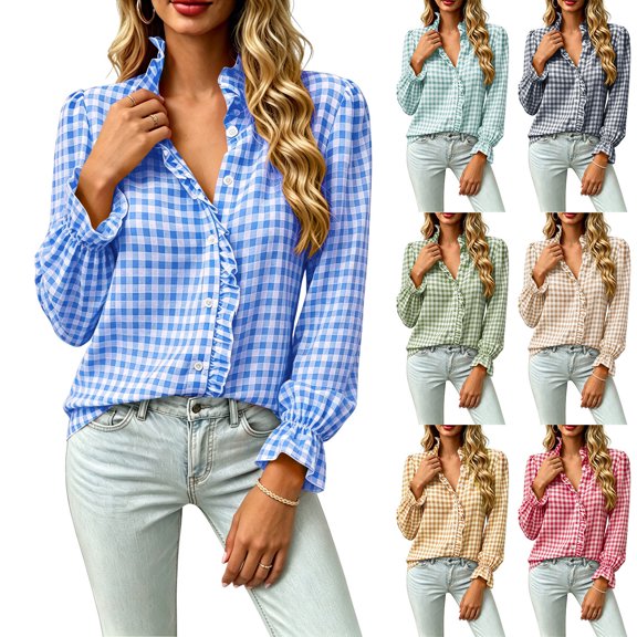 Feancey Womens Ruffle Button Down Shirts Plaid Casual Long Sleeve Stand Collar Blouse Dressy Trendy Gingham Work Shirt Birthday Gift Light Blue S