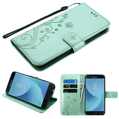 Magnetic Tank Pouch - Phone Case for Samsung Galaxy J7 (2018), J737, J7 V 2nd Gen, J7 Refine - Pattern Flip Wallet Case Cover Stand Pouch Book Magnetic Buckle with Hand Strap 3D Butterfly Flower - Teal Green