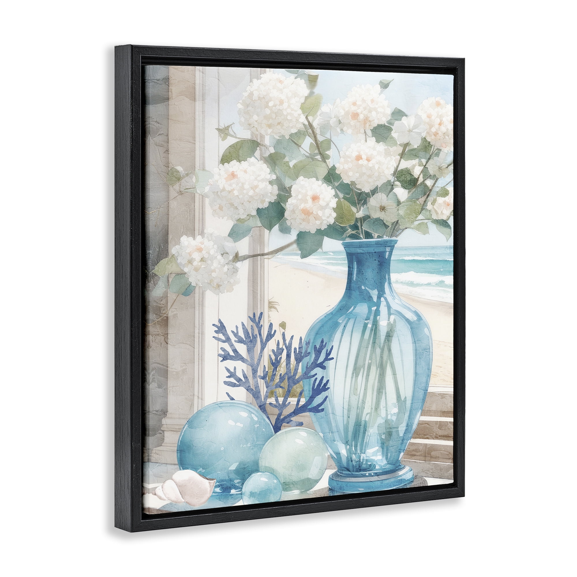 Stupell Industries Sea Glass & Coral Botanical & Floral Painting Black Floater Framed Art Print Wall Art, 17 x 21