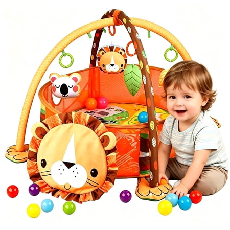 Cochildor Baby Play Gym Mat, 4 in 1 Lion Tummy Time Activity Mat for Babies, with 30 Balls & 4 Detachable Sound Toys, Newborn Gift for Toddler Infants Age 0-36 Months