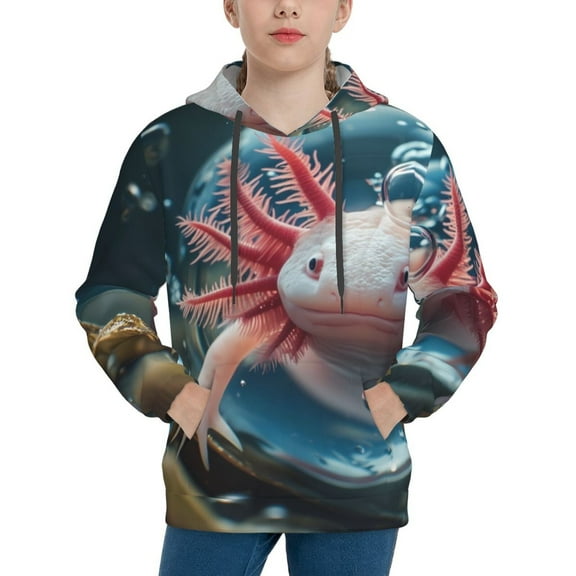 Honeii Bubbles Axolotl Fantasy Pattern Long-Sleeve Hooded Sweatshirt Pullover Hoodie for Boys and Grils-Small