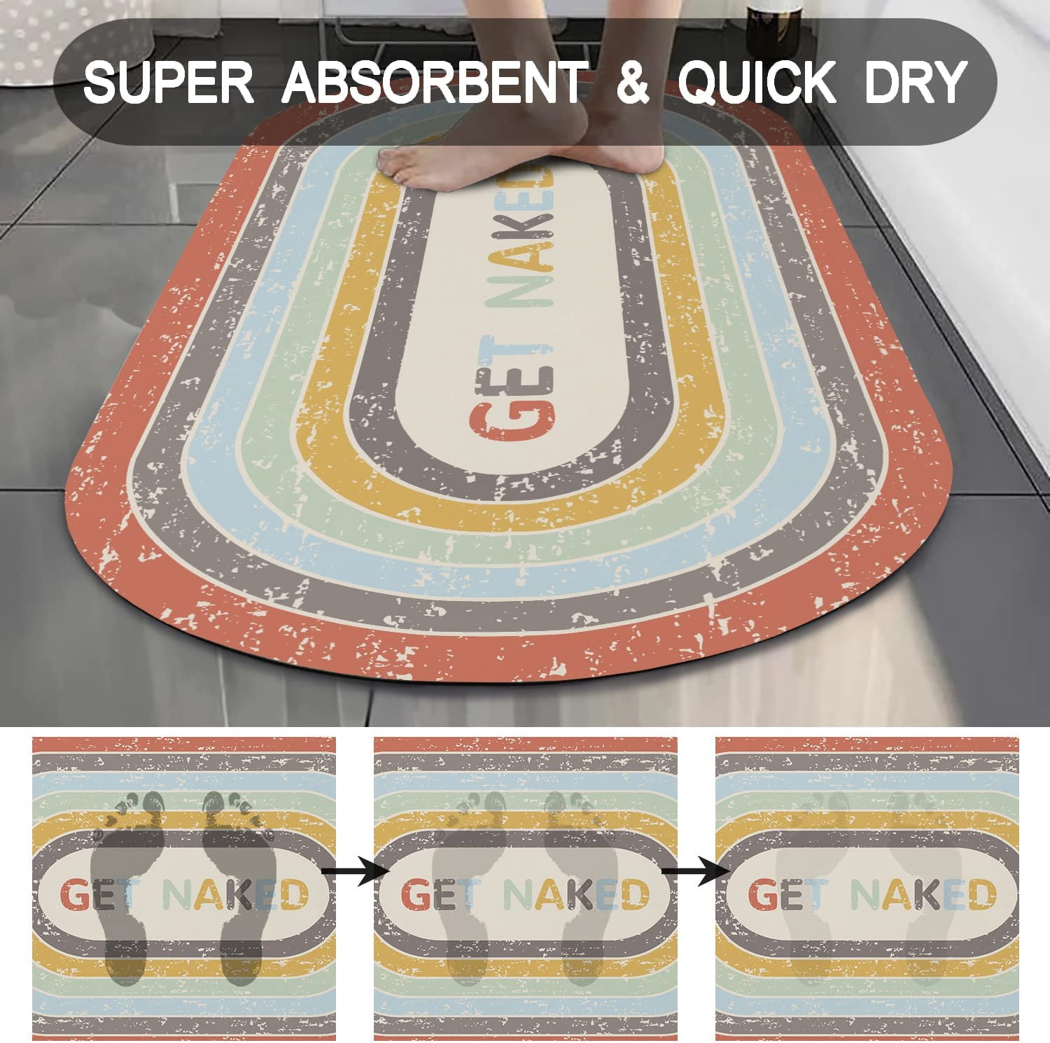 Rainbow Bath Mat Get Naked Super Absorbent Quick Dry 20"x32" Rubber Backed Washable Colorful Bathroom Rugs Non Slip Bath Rugs Mats for Shower Bathroom, Oval