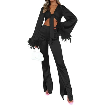 

Sunisery Women Silk Satin Pajamas Set Feather Sleepwear Long Sleeve Crop Tops Flared Pants Nightwear Home Wear Pjs