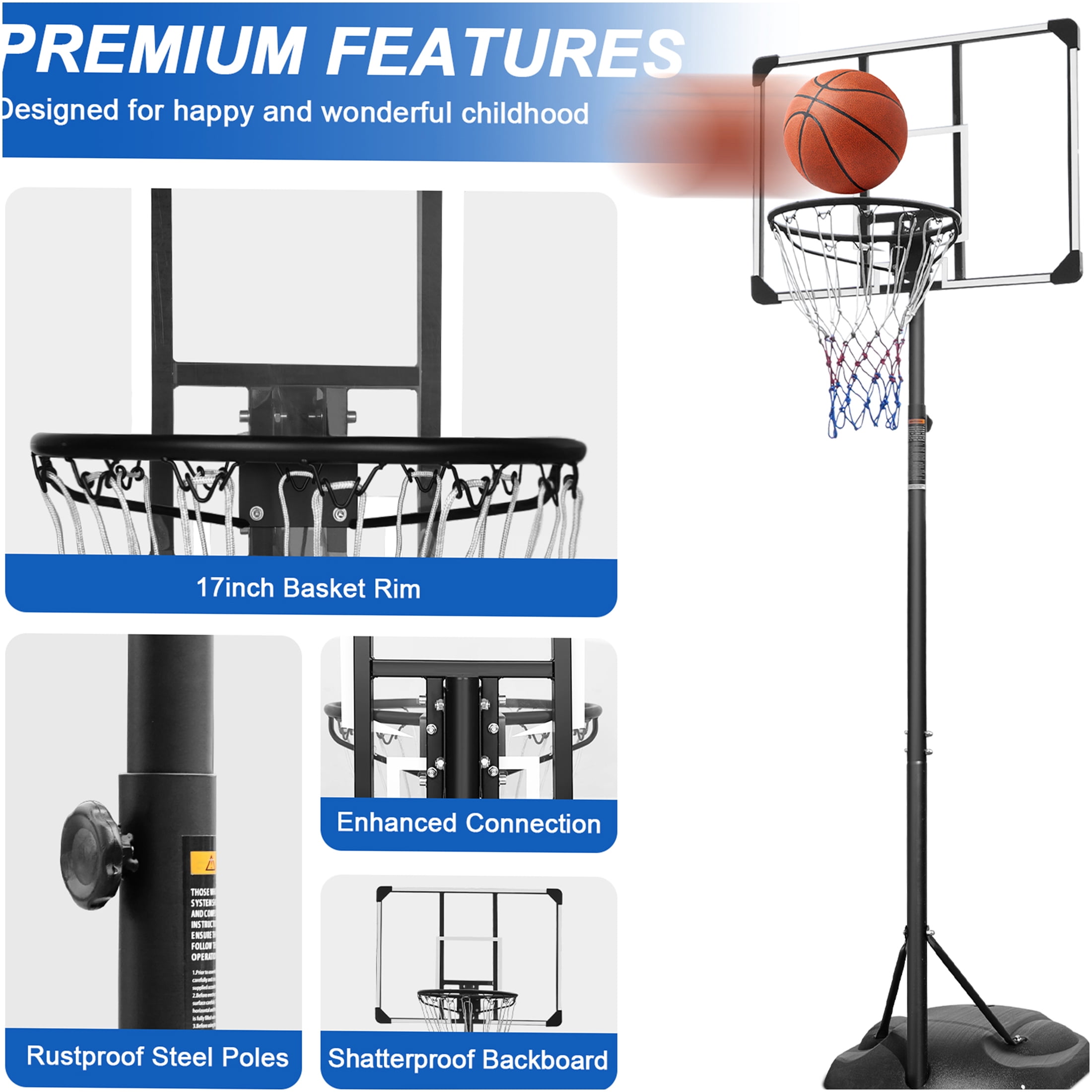 JERFIT 7.5-9.2ft Adjustable Height Portable Basketball Hoop System with 32" Backboard, All-Weather Base for Indoor Outdoor Play for Youth & Adults, Black/White