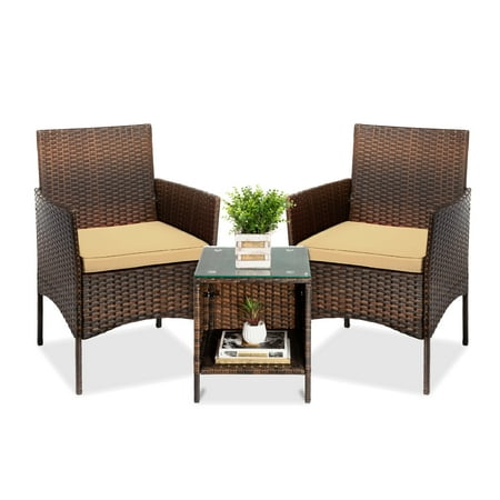 Best Choice Products 3-Piece Outdoor Wicker Conversation Bistro Set Patio Chat Furniture w/ 2 Chairs Table - Brown/Tan