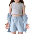 thumbnail image 3 of Krdevn Girls 2 Piece Outfit, Solid Lapel Long Sleeve Pocket Shirt & High Waist Pocket Shorts Casual Kids Set,Light Blue, 3 of 9