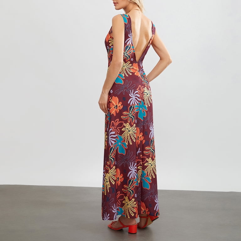 Women Long Dress, Sleeveless Crew Neck Backless Flower Print Dress Summer  Cocktail Dress - Walmart.com