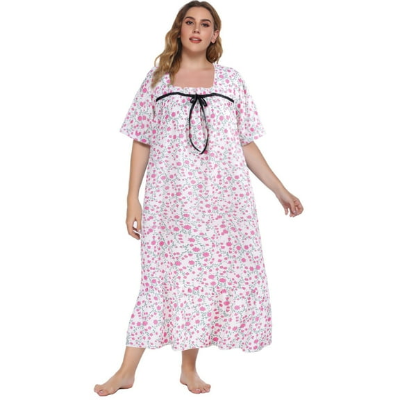 Women's Loose Plus Size Nightdress Square House Dress Short Sleeve Sleep Dress Soft Long Sleepwear Nightgowns For Home Wear Pajama Dress,XL-5XL
