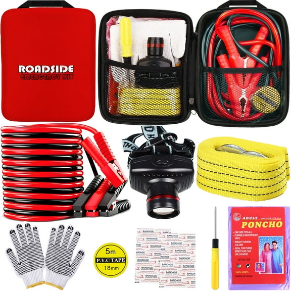 YILAIRIOU Car Roadside Emergency Kit, with Jumper Cables Automotive Kit,Car Safety Roadside Assistance Kit Headlamp,Tow Straps,Screwdrivers, Rainwear, Gloves.Red