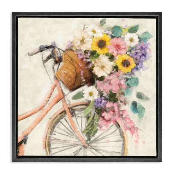 Stupell Industries Flower Swathed Bicycle Transportation Painting Black Floater Framed Canvas Art Print Wall Art, 18 x 18