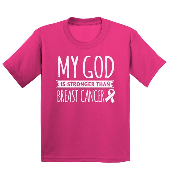 Breast Cancer Support Christian My God is Stronger Youth T-shirt, XL, Cyber Pink