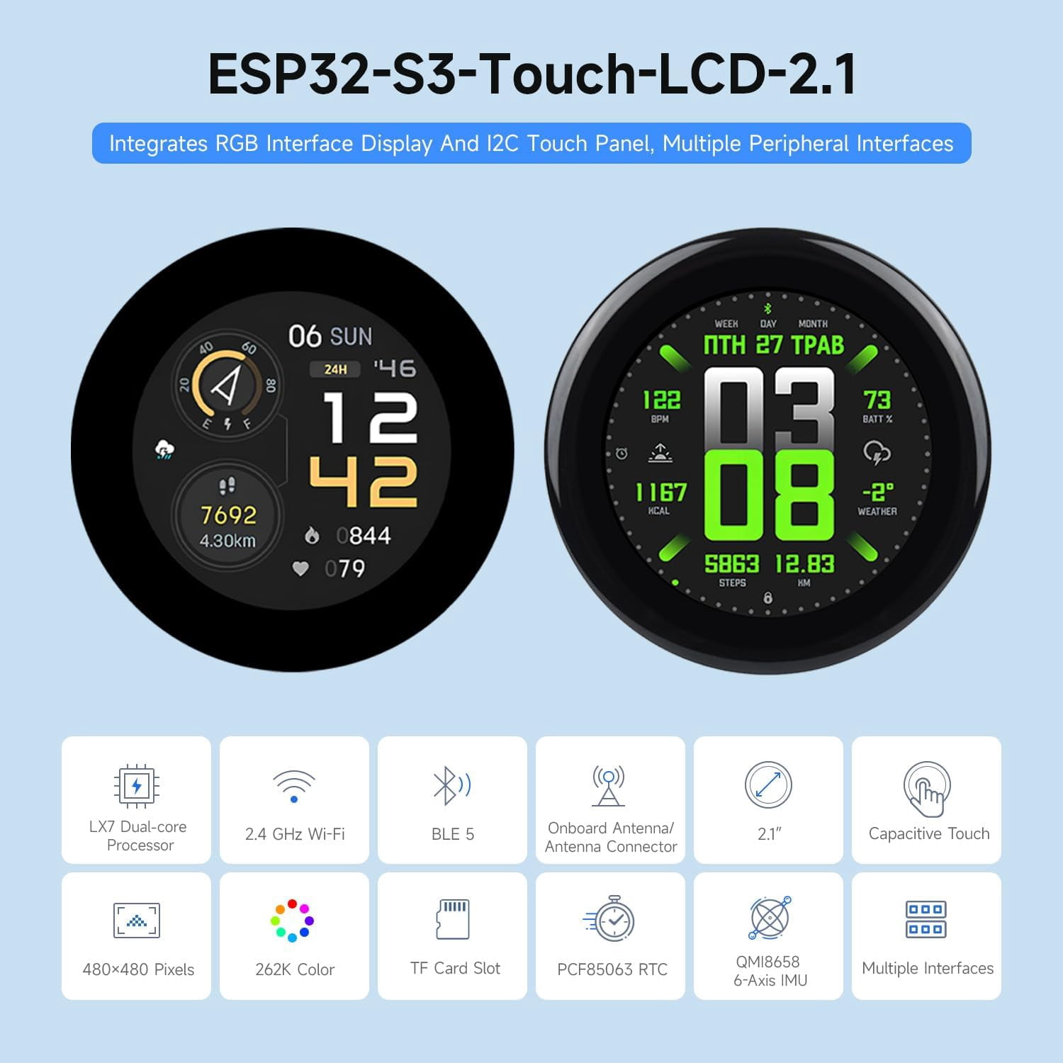 ESP32-S3 2.1inch Capacitive Touch Round Display Development Board, 480×480, IPS, 32-bit LX7 Dual-core Processor, WiFi & Bluetooth, 262K Color, ESP32 with Display, 2.5D Curved Touch Panel