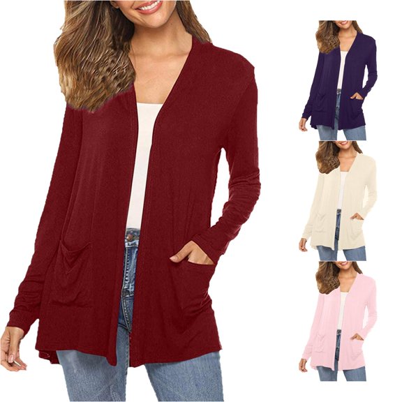 Tanghaowl Summer Cardigan Women's Long Sleeve Open Front Casual Cardigan Lightweight Knit Sweater With Pockets Wine S