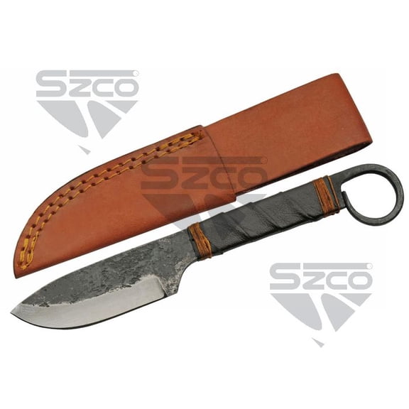 SZCO 9" Ball Nose Drop Point Outdoor Utility Tool with Leather Wrapped Handle and Leather Sheath